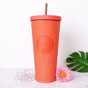 Starbucks Coral Studded Tumbler 24oz Venti Cold Cup w/ Straw Peach Orange NWT